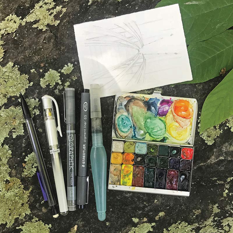 The author’s art kit: a lightweight metal palette, a waterbrush,  pencil, and three ink pens.
