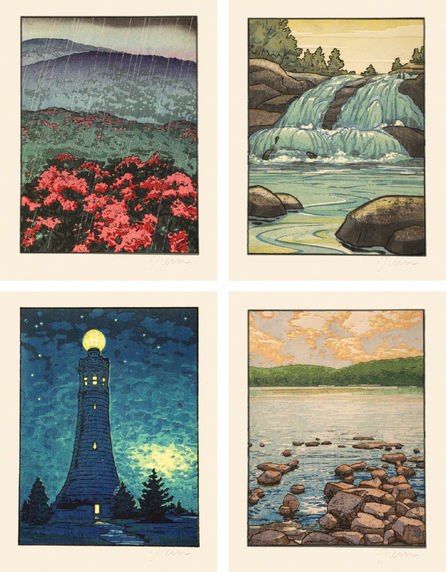 A.T. woodblock prints of Tennessee, Connecticut, Jersey, and Massachusetts