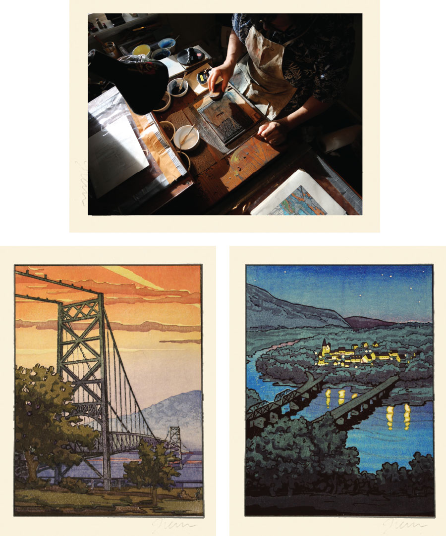A.T. woodblock prints of West Virginia and New York