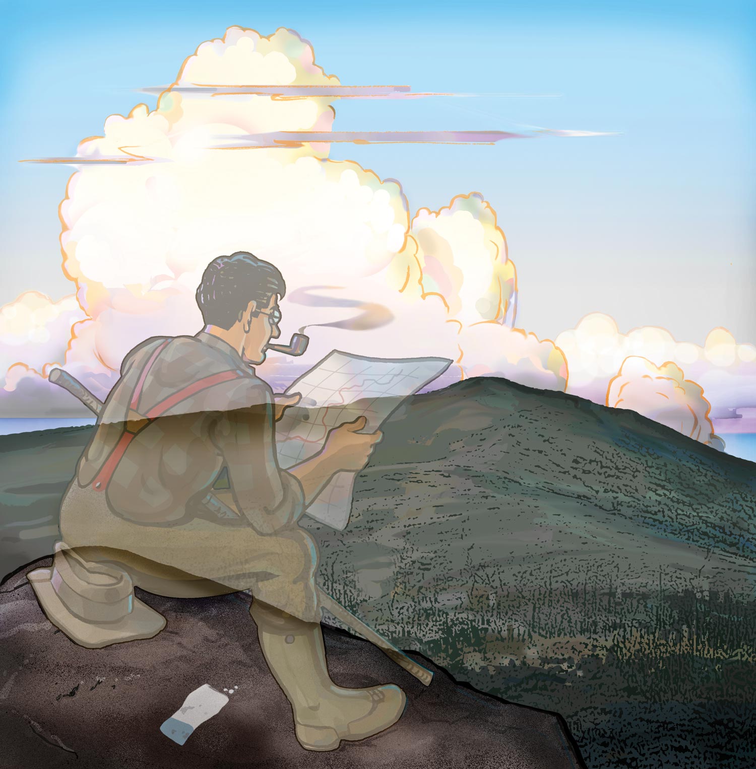 digital illustration of a man sitting overlooking the mountains