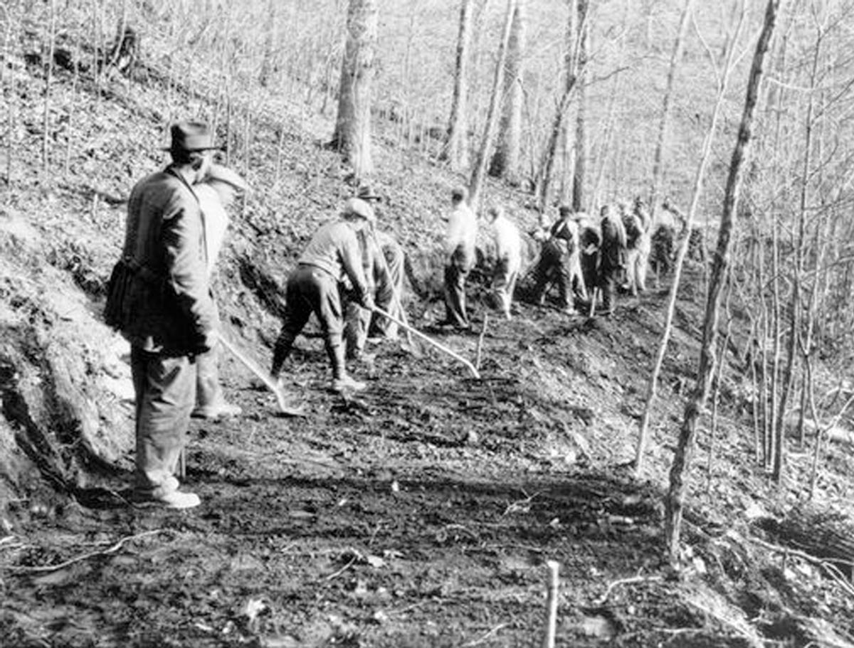 A Civilian Conservation Corps crew cuts a new treadway for the Appalachian