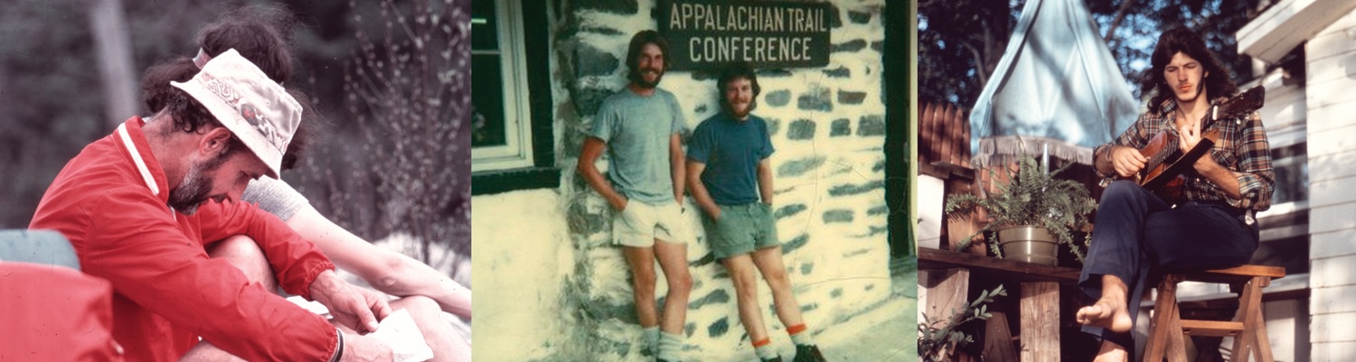 Nick Gelesko, wearing his signature bucket hat; Lean, bearded, and roughly halfway to their ultimate destination, Dan Howe (left) and David Brill pose in front of the ATC headquarters in Harpers Ferry, West Virginia; Paul Dillon strums a borrowed guitar on a lakeside deck near Unionville, New York