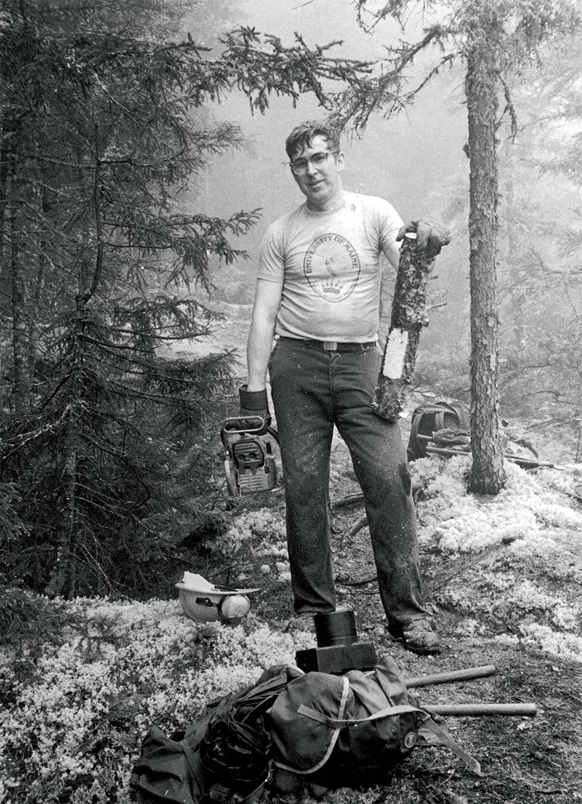Dave Field in 1985 poses with a “rescued” white blaze while doing Trail work