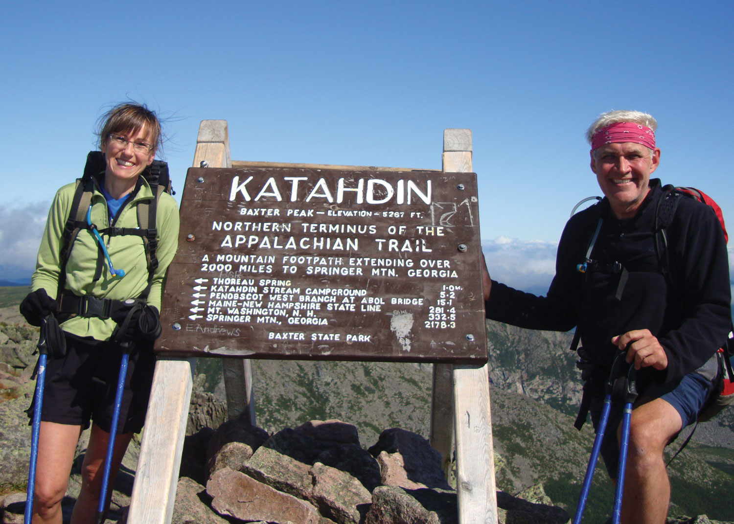 Michele “Loon” and Dan “Griswold” Coleman  complete their section-hike at Katahdin, Main