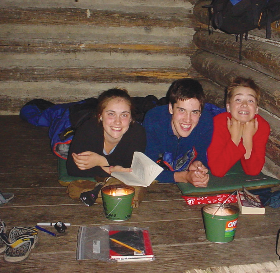 From left: Julia, Nick, and Sam Coleman enjoy an afternoon at one of the A.T.’s iconic shelters