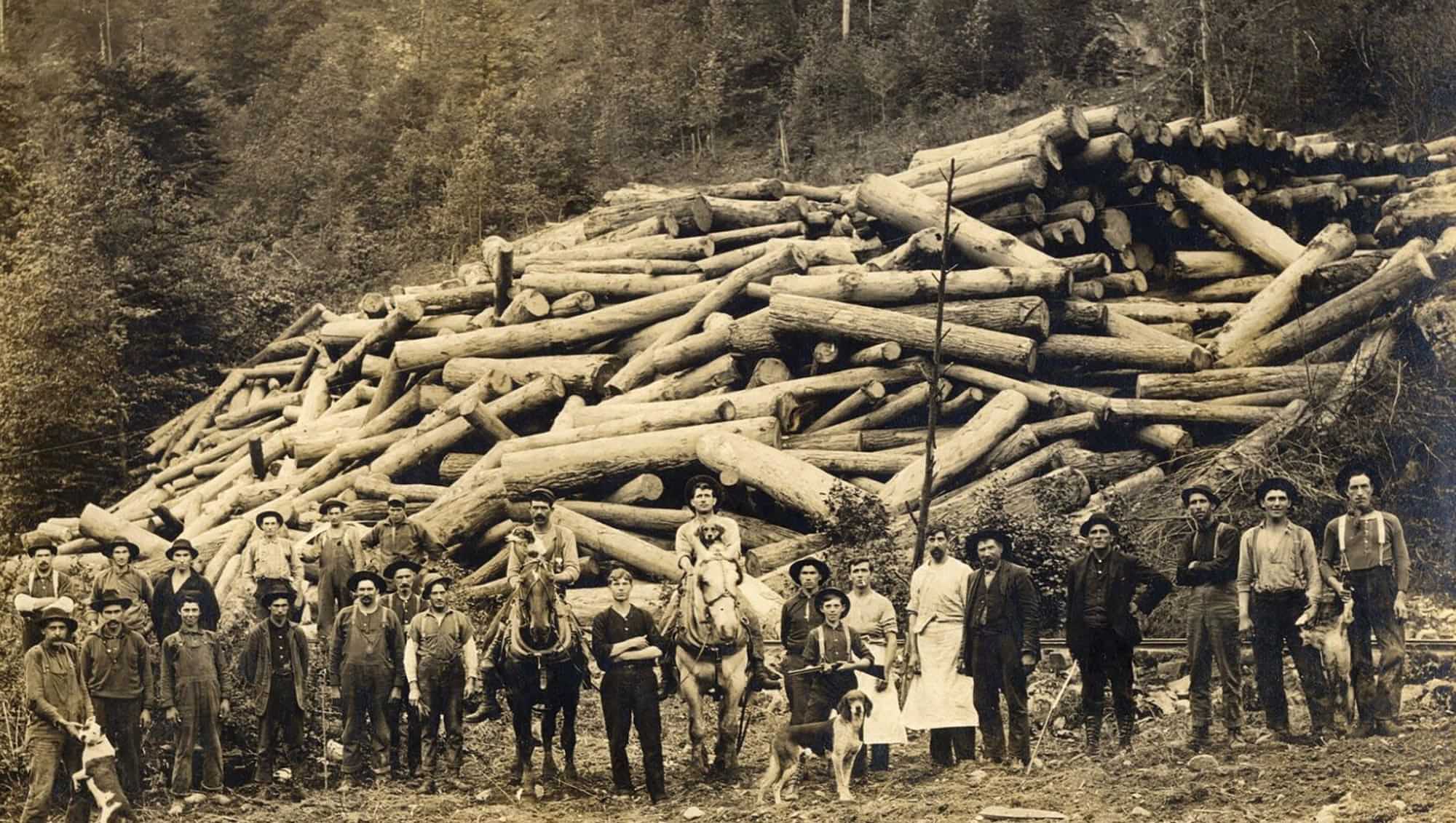a photo from the early 1900s of large group of loggers standing in front of their haul