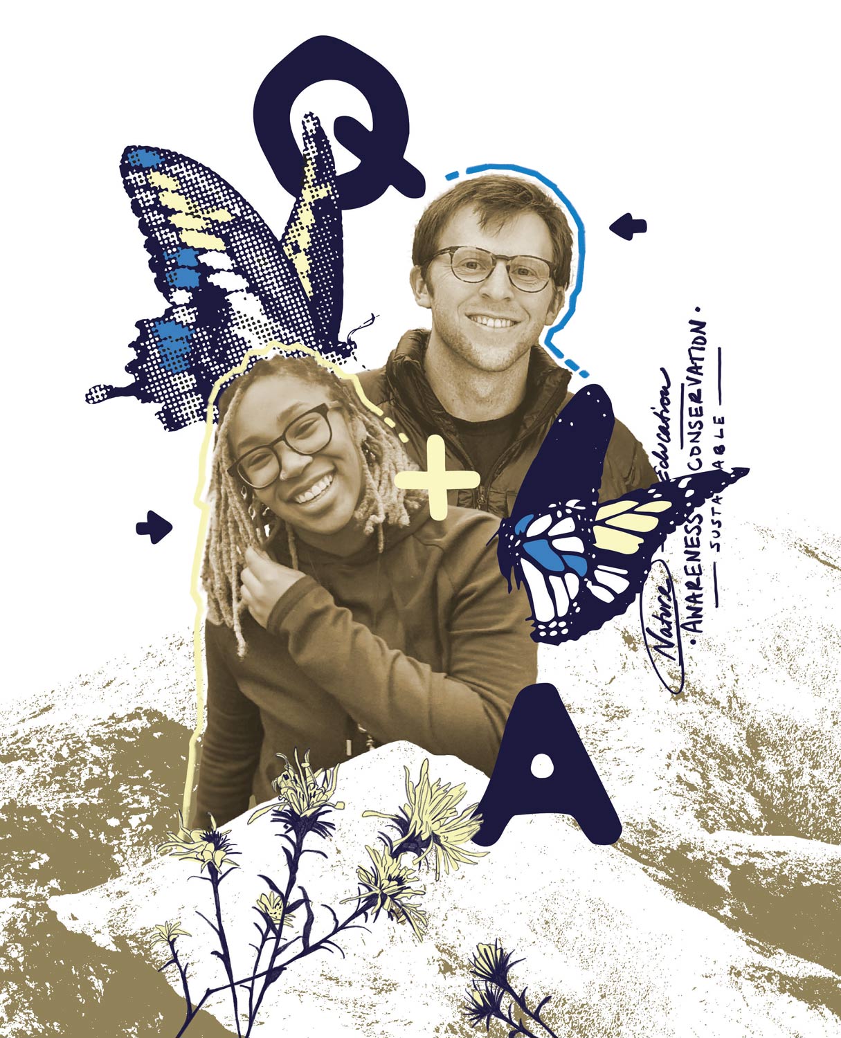 illustration of Lauren and Simon with butterfly artwork around them