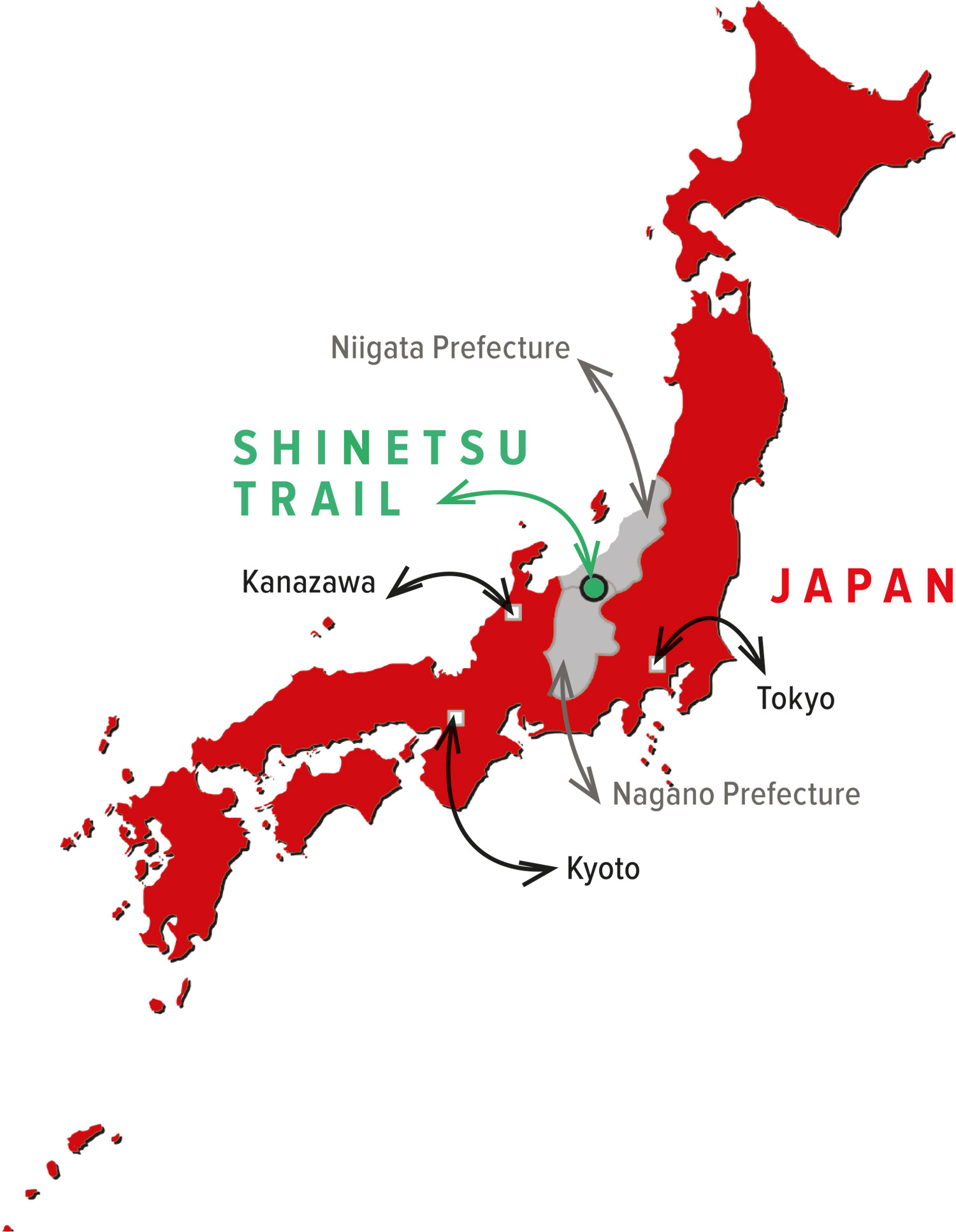 labeled map of Japan with the Shinetsu Trail highlighted