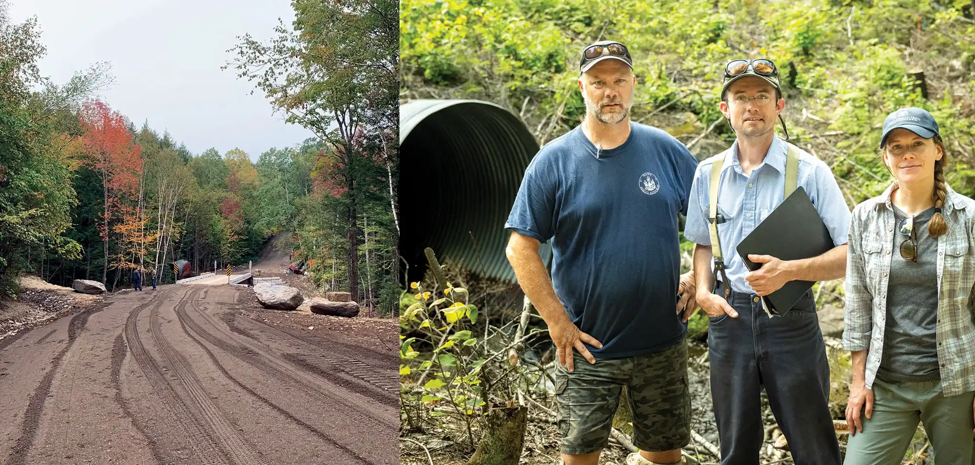 Cleared land with concrete bridge in background and group photo of project partners, from left: Pete Ruksznis, Maine Department of Marine Resources; Steve Tatko, Appalachian Mountain Club; and Marian Orlousky, ATC. 