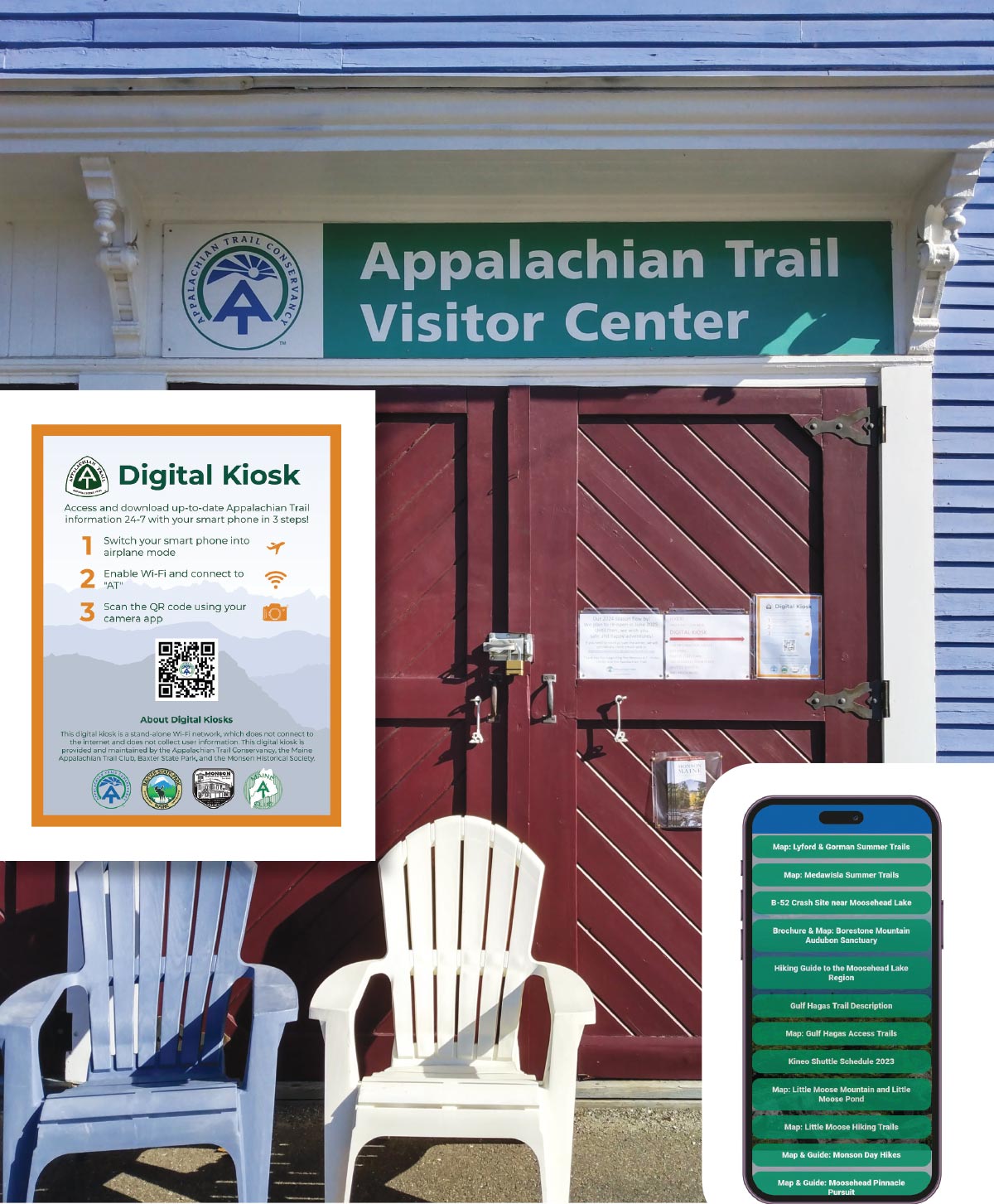 red french doors at Appalachian Trail Visitor Center; Digital Kiosk sign; smart device with QR code scanned