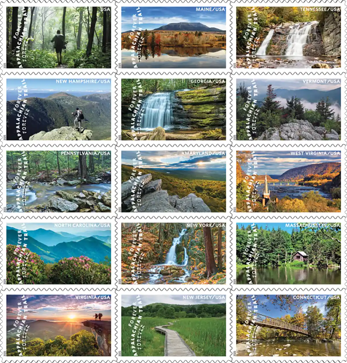 sheet of Appalachian Trail Forever stamps