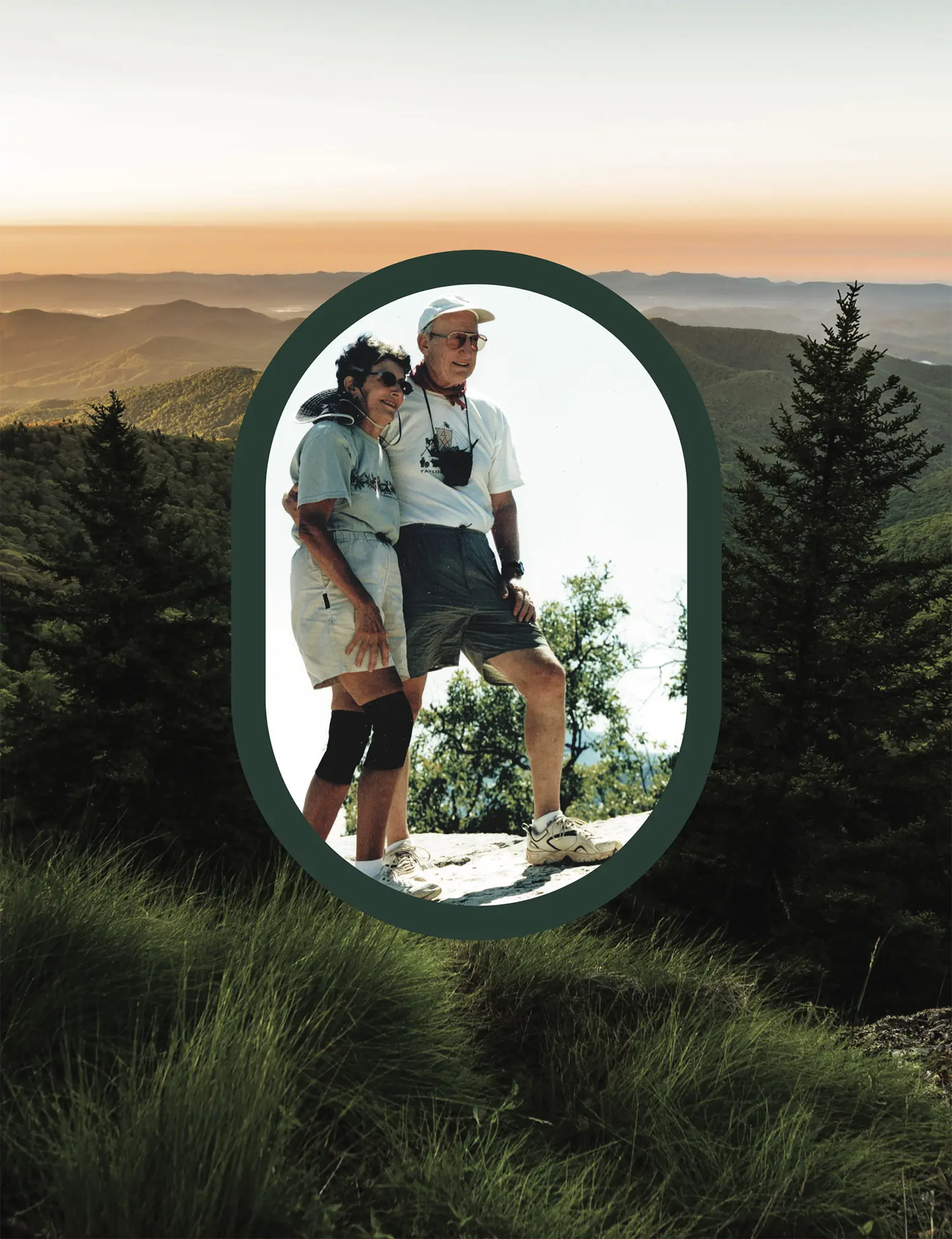 Portrait orientation photograph view of lush greenery bushes and trees all over overlooking a scenic vista of layered mountains at sunset or sunrise acting as a background while in the foreground is a vintage picture of Elizabeth and Ron Levine as an elderly older couple in the early 2000s standing close together smiling holding each other in their hiking clothing attire as they are out on the Trail in which this picture is framed within a dark forest green colored curved oval outer stroke shape border