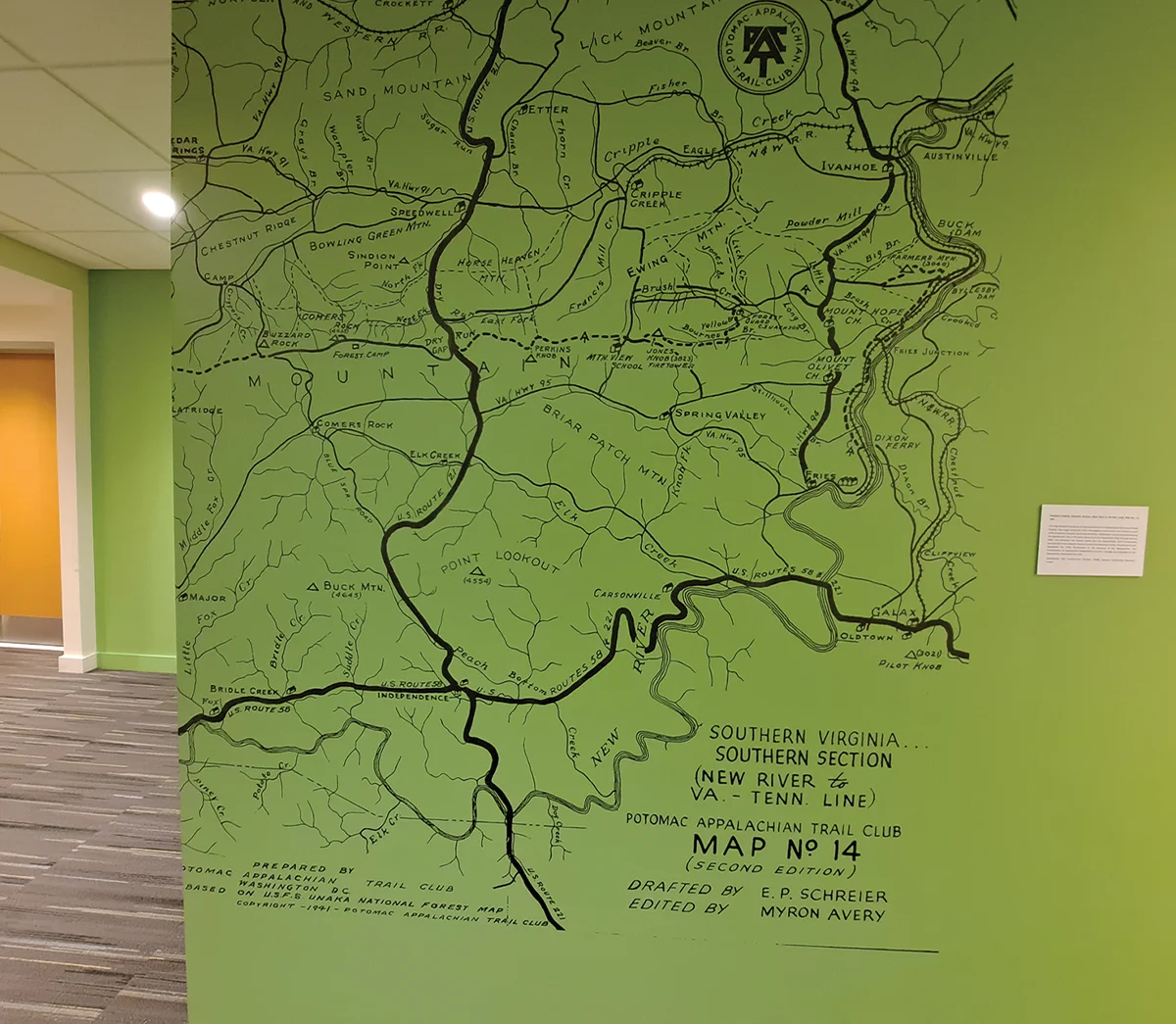 Large, historical wall map display of the Southern Virginia section of the Appalachian Trail, Map No. 14, showing mountains, creeks, and routes.
