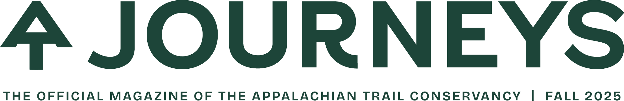 Logo for Journeys, the official magazine of the Appalachian Trail Conservancy, Summer 2025 edition. The word "JOURNEYS" is displayed in bold green capital letters with "AT" as a trail marker symbol, and a tagline in light gray beneath.