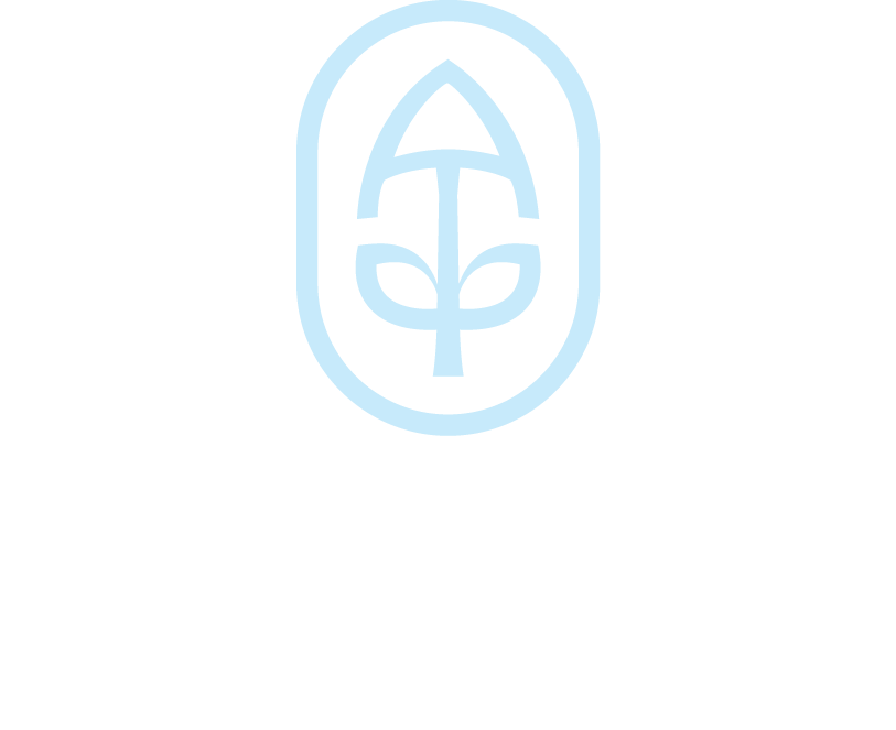 Light blue Appalachian Trail Conservancy centennial emblem showing a stylized trail marker with leaf shapes inside an oval outline on a white background.