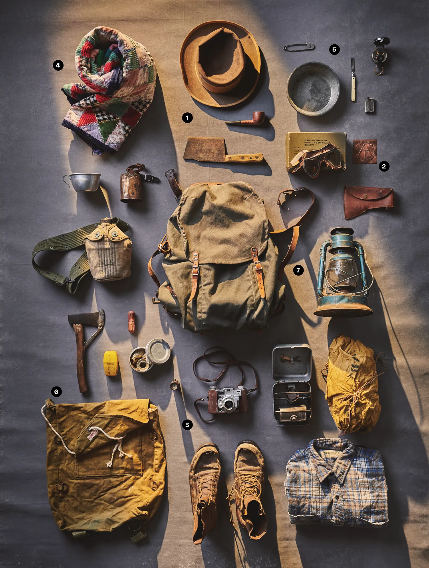 Flat lay of vintage hiking and camping gear arranged neatly on a surface, including a canvas backpack, boots, hat, plaid shirt, blanket, lantern, canteen, tools, cookware, camera, and small accessories, each labeled with numbered markers.
